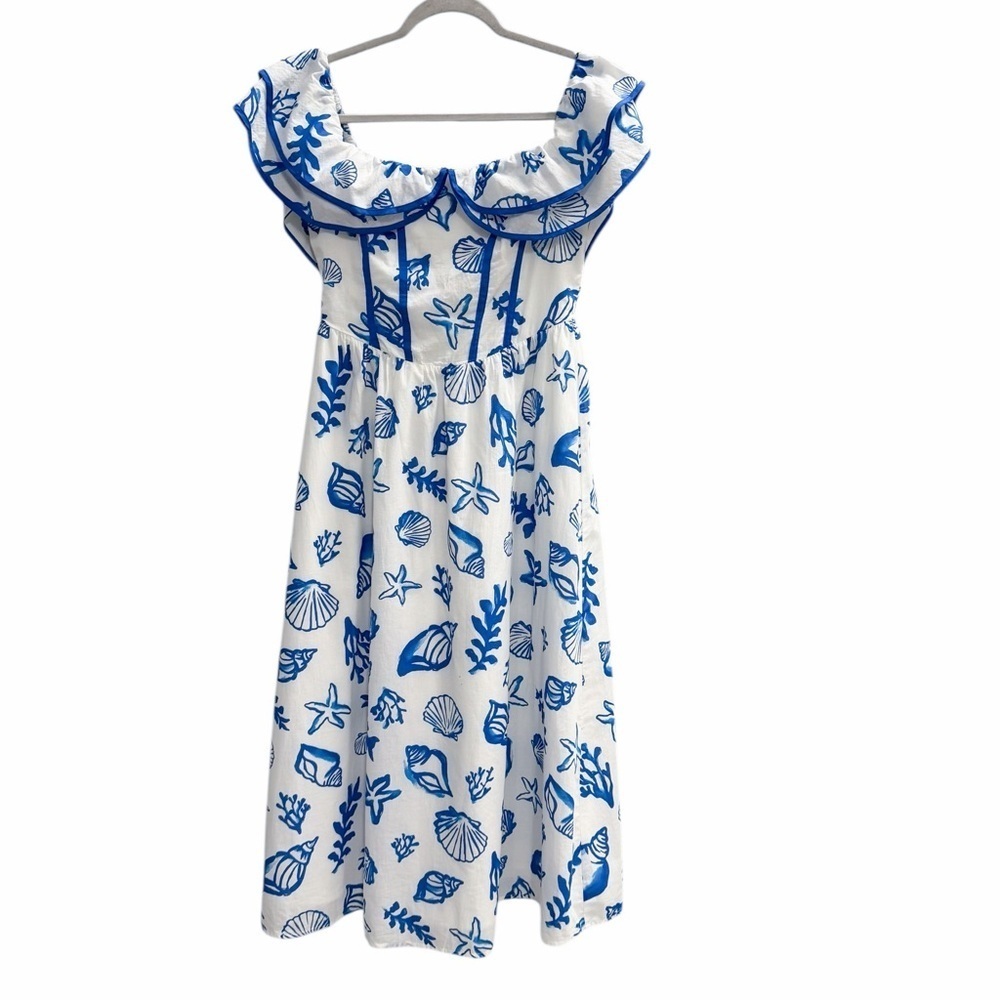 LE LIS Seashell Off the Shoulder Midi Dress Blue White Size Small